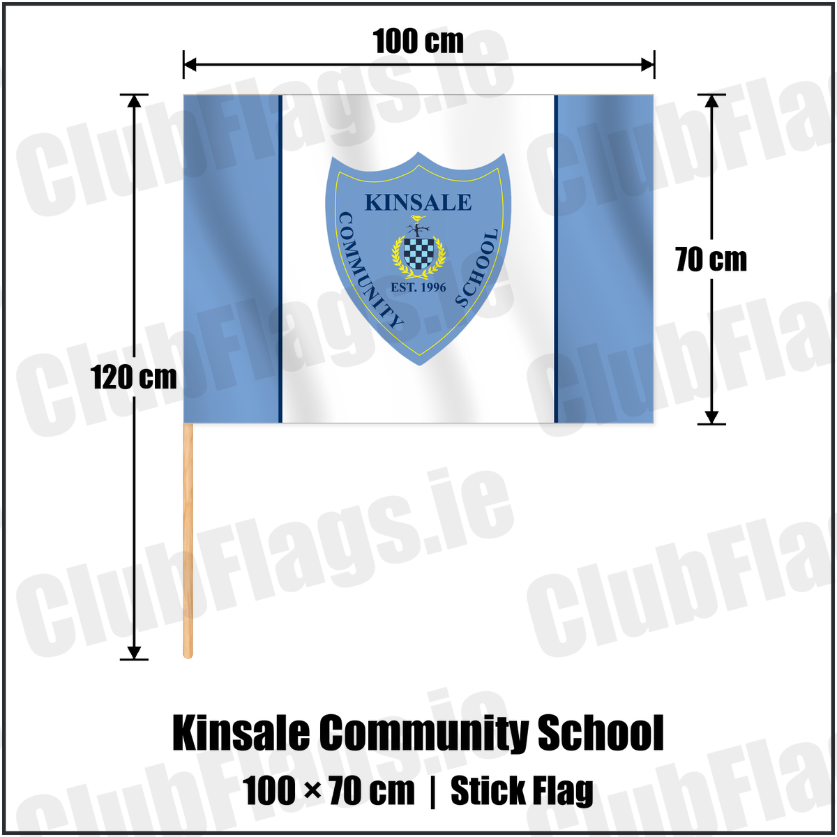 Kinsale Community School 70cm x 100cm Stick Flag with the club crest and colours, Cork GAA - ClubFlags.ie