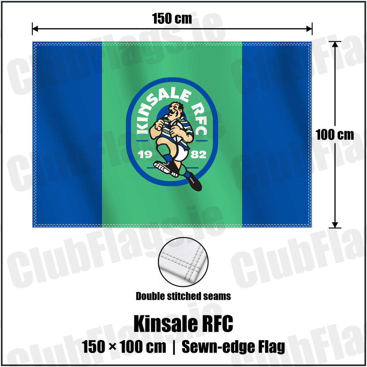 Kinsale RFC 100cm x 150cm Flag (sewn on the edges) with the club crest and colours, Cork Rugby - ClubFlags.ie