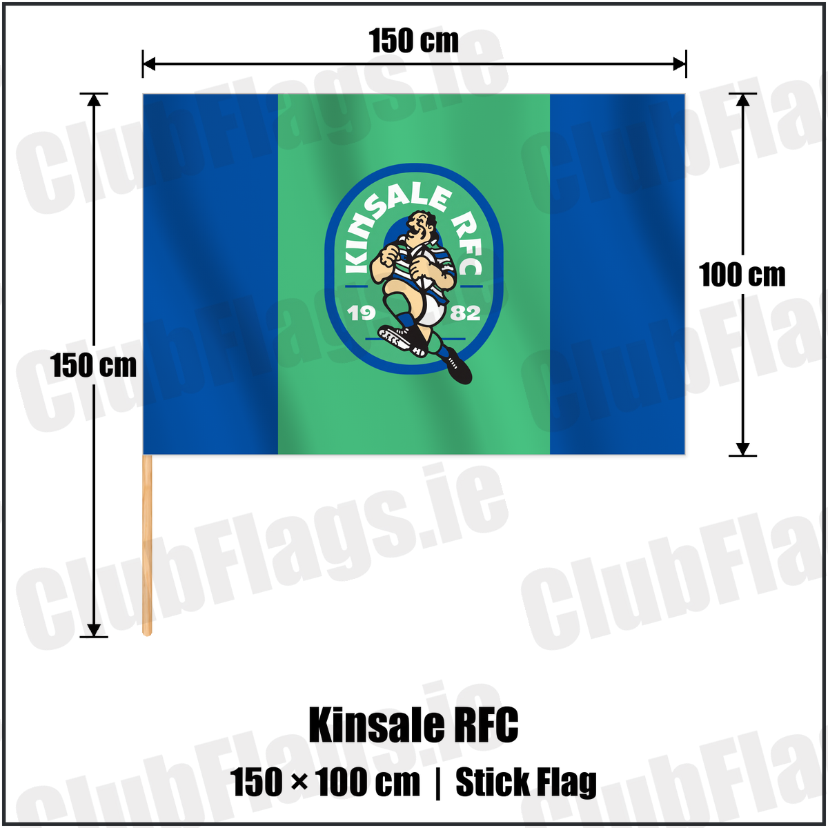 Kinsale RFC 100cm x 150cm Stick Flag with the club crest and colours, Cork Rugby - ClubFlags.ie