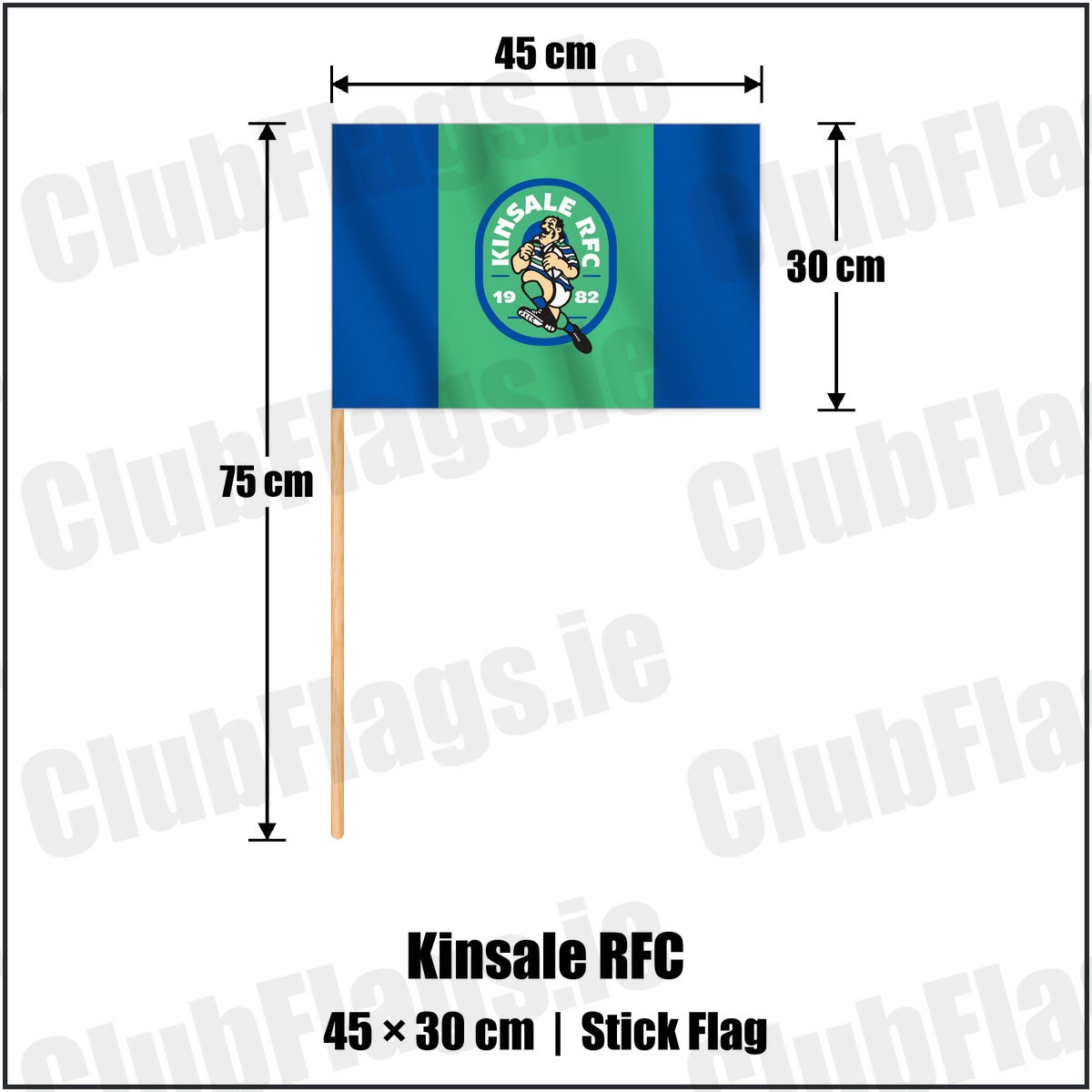 Kinsale RFC 30cm x 45cm Stick Flag with the club crest and colours, Cork Rugby - ClubFlags.ie