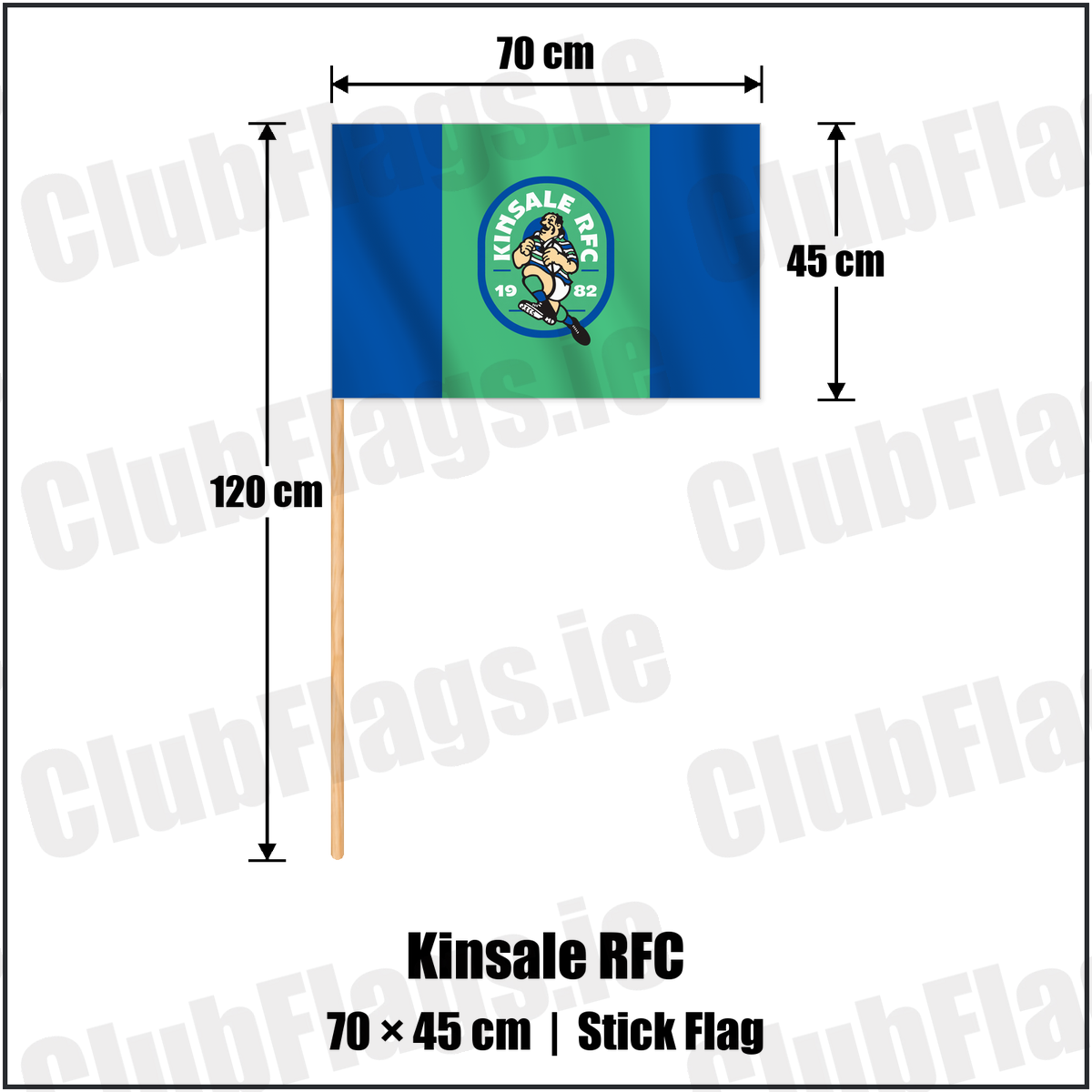 Kinsale RFC 45cm x 70cm Stick Flag with the club crest and colours, Cork Rugby - ClubFlags.ie
