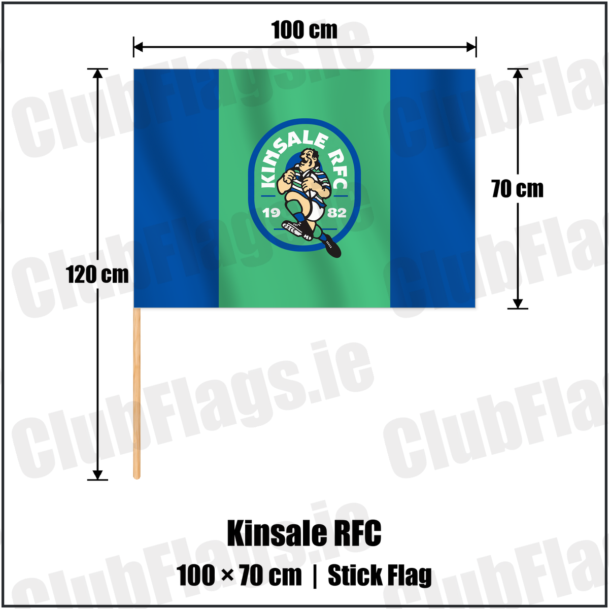 Kinsale RFC 70cm x 100cm Stick Flag with the club crest and colours, Cork Rugby - ClubFlags.ie