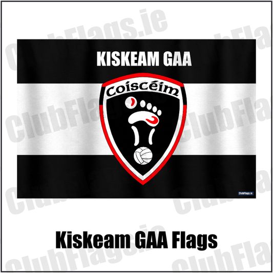 Kiskeam GAA Flags, featuring the club crest and black and white and red colours; County Cork GAA. ClubFlags.ie.