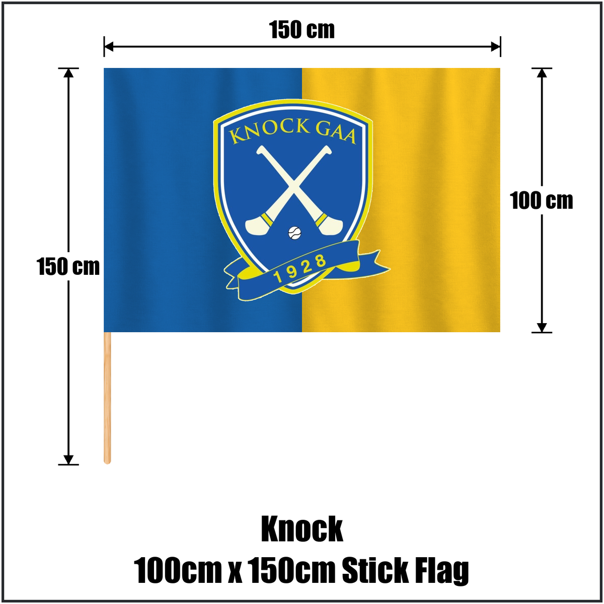 Knock 100cm x 150cm Stick Flag, featuring the club crest and blue and gold colours; County Tipperary GAA. ClubFlags.ie.