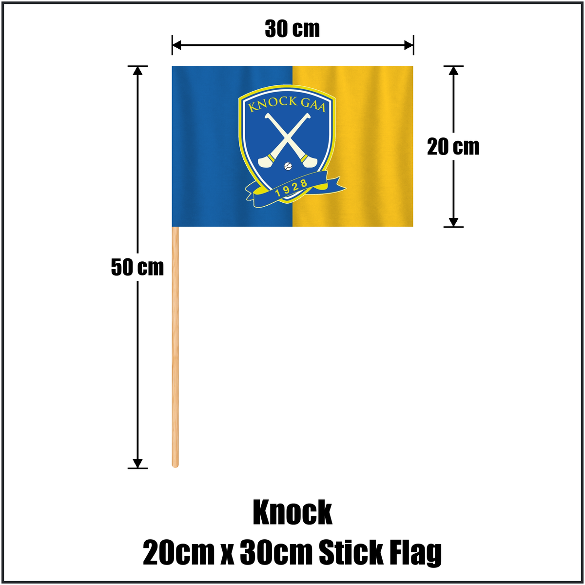 Knock 20cm x 30cm Stick Flag, featuring the club crest and blue and gold colours; County Tipperary GAA. ClubFlags.ie.