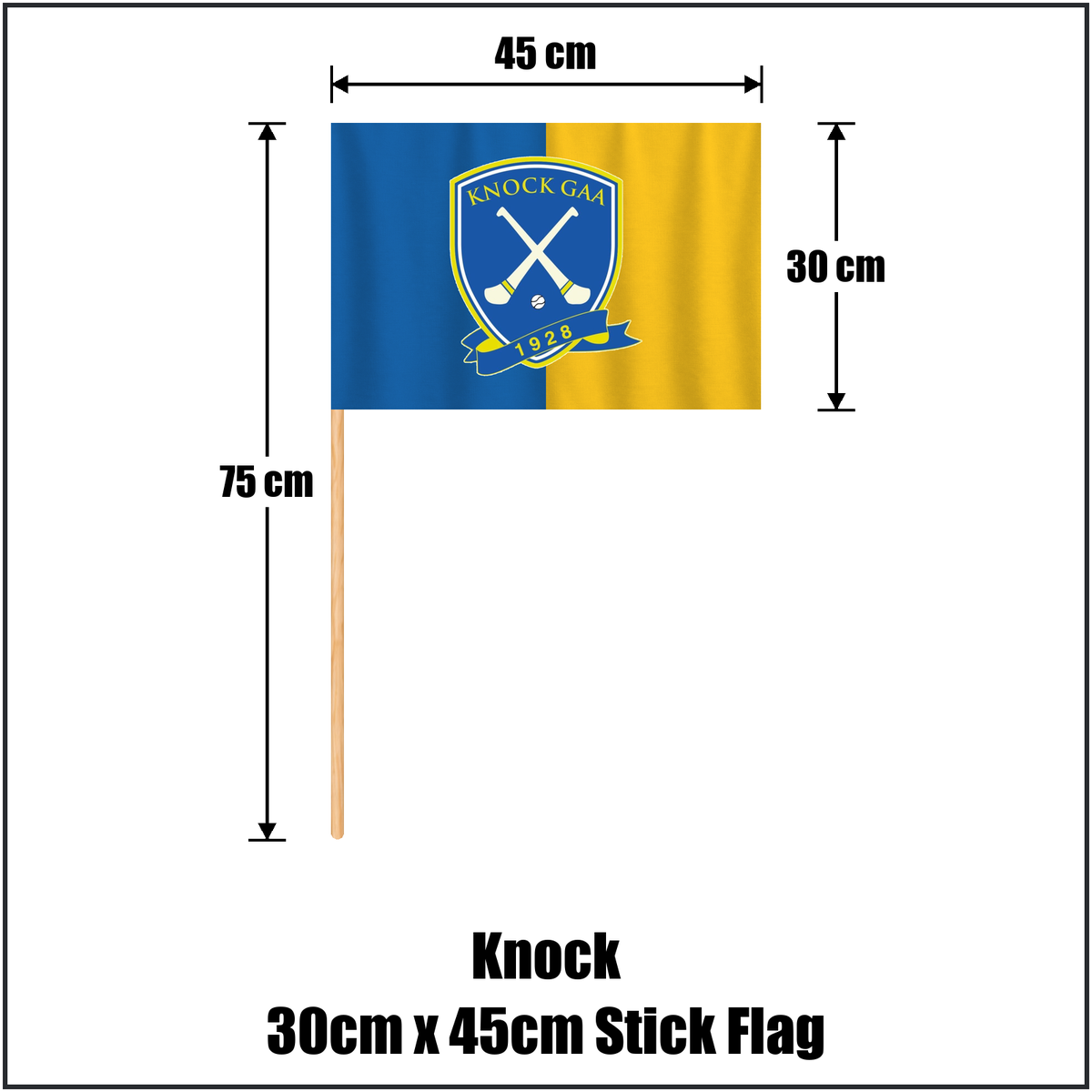 Knock 30cm x 45cm Stick Flag, featuring the club crest and blue and gold colours; County Tipperary GAA. ClubFlags.ie.