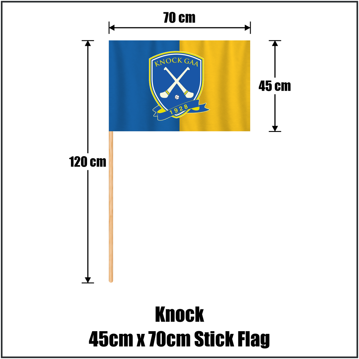 Knock 45cm x 70cm Stick Flag, featuring the club crest and blue and gold colours; County Tipperary GAA. ClubFlags.ie.