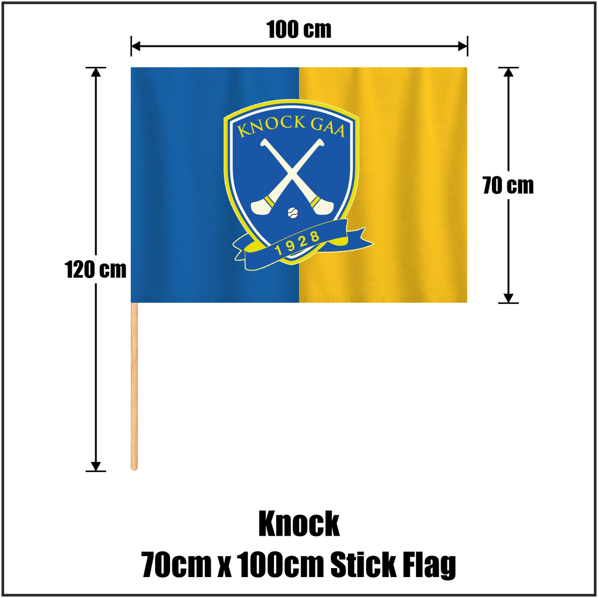 Knock 70cm x 100cm Stick Flag, featuring the club crest and blue and gold colours; County Tipperary GAA. ClubFlags.ie.