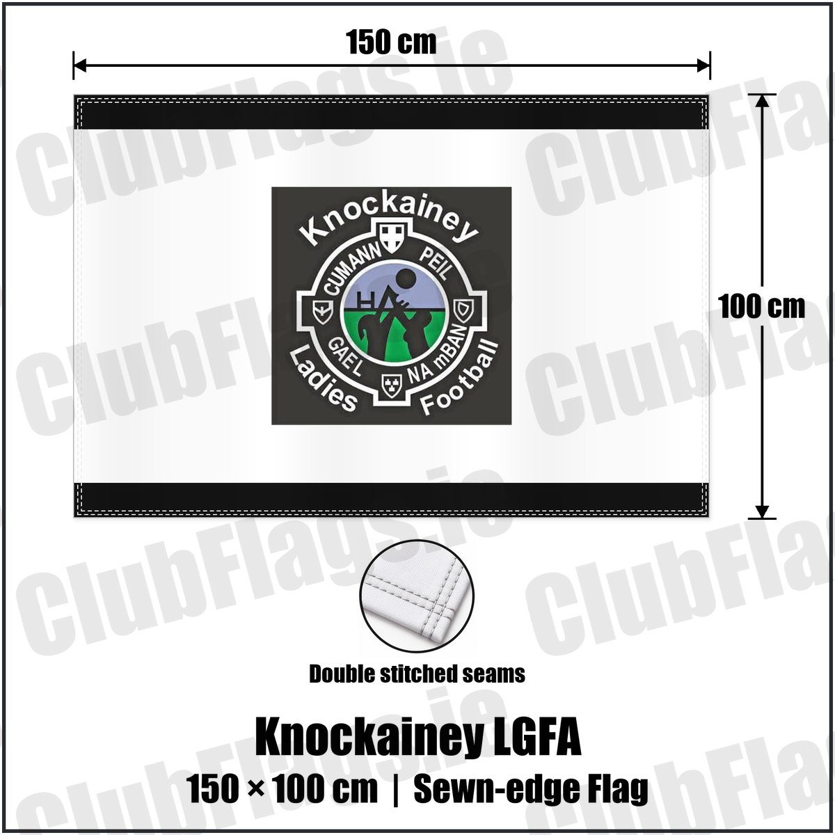 Knockainey LGFA 100cm x 150cm Flag (sewn on the edges), featuring the Knockainey Ladies Football crest on black and solid white fabric with gentle vertical folds; County Limerick. ClubFlags.ie.
