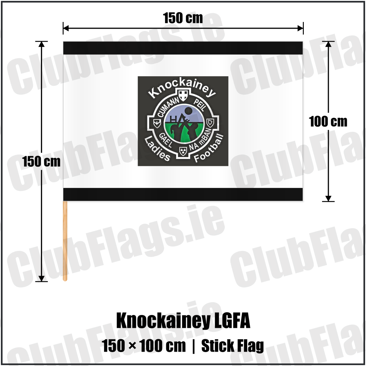 Knockainey LGFA 100cm x 150cm Stick Flag, featuring the Knockainey Ladies Football crest on black and solid white fabric with gentle vertical folds; County Limerick. ClubFlags.ie.