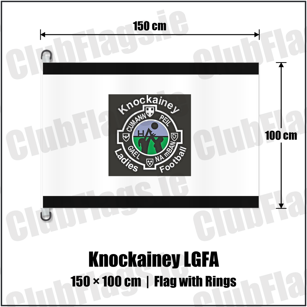 Knockainey LGFA 150cm x 100cm Flag Pole Flag with Rings, featuring the Knockainey Ladies Football crest on black and solid white fabric with gentle vertical folds; County Limerick. ClubFlags.ie.