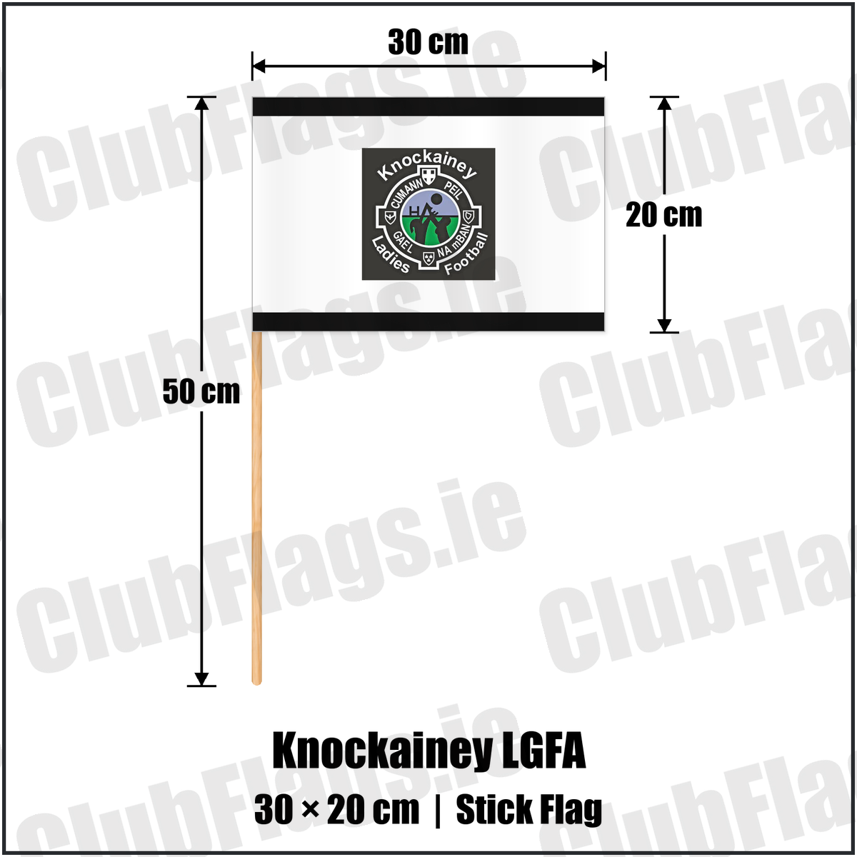 Knockainey LGFA 20cm x 30cm Stick Flag, featuring the Knockainey Ladies Football crest on black and solid white fabric with gentle vertical folds; County Limerick. ClubFlags.ie.