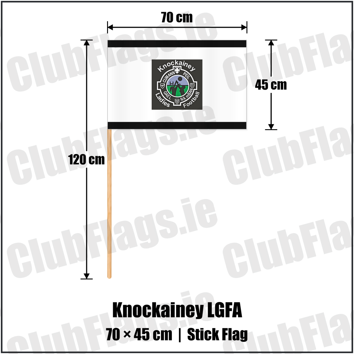 Knockainey LGFA 45cm x 70cm Stick Flag, featuring the Knockainey Ladies Football crest on black and solid white fabric with gentle vertical folds; County Limerick. ClubFlags.ie.
