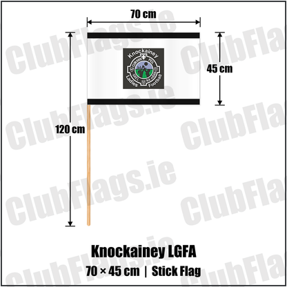 Knockainey LGFA 45cm x 70cm Stick Flag, featuring the Knockainey Ladies Football crest on black and solid white fabric with gentle vertical folds; County Limerick. ClubFlags.ie.