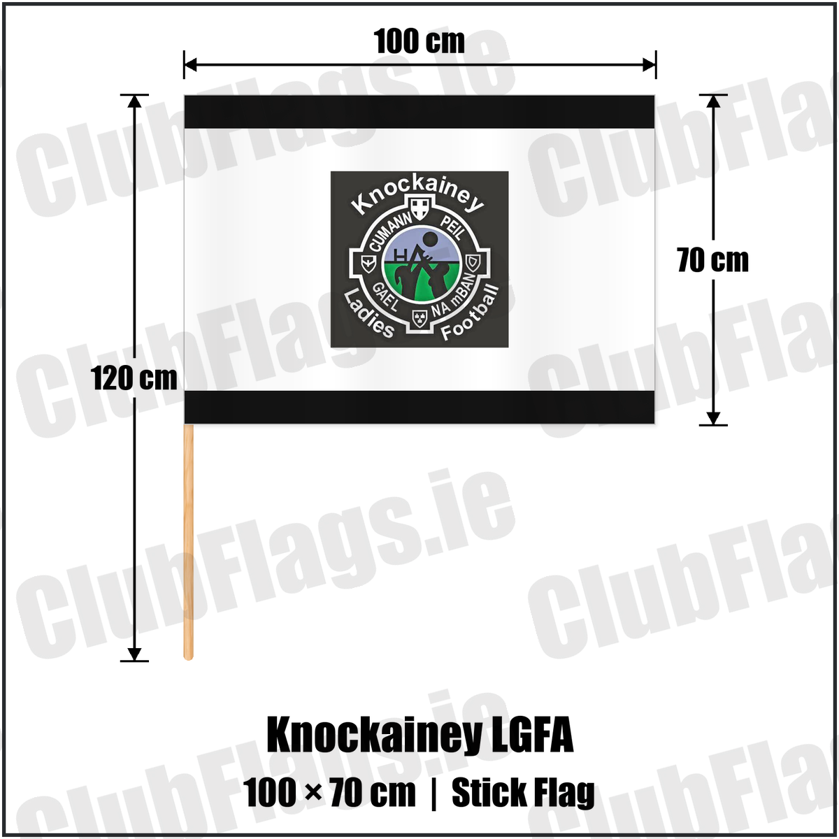 Knockainey LGFA 70cm x 100cm Stick Flag, featuring the Knockainey Ladies Football crest on black and solid white fabric with gentle vertical folds; County Limerick. ClubFlags.ie.