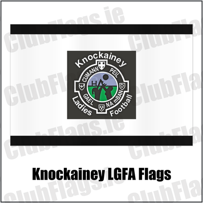 Knockainey LGFA Flags, featuring the Knockainey Ladies Football crest on black and solid white fabric with gentle vertical folds; County Limerick. ClubFlags.ie.