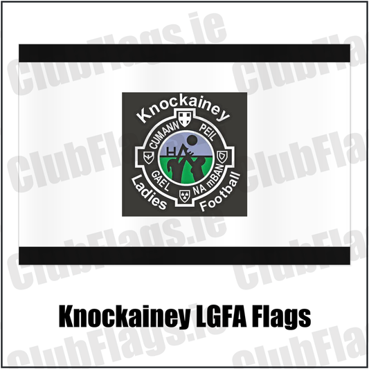 Knockainey LGFA Flags, featuring the Knockainey Ladies Football crest on black and solid white fabric with gentle vertical folds; County Limerick. ClubFlags.ie.