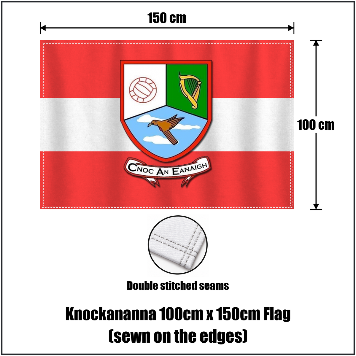 Knockananna 100cm x 150cm Flag (sewn on the edges), featuring the club crest and red and white colours; County Wicklow GAA. ClubFlags.ie.