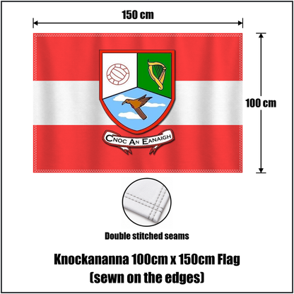 Knockananna 100cm x 150cm Flag (sewn on the edges), featuring the club crest and red and white colours; County Wicklow GAA. ClubFlags.ie.