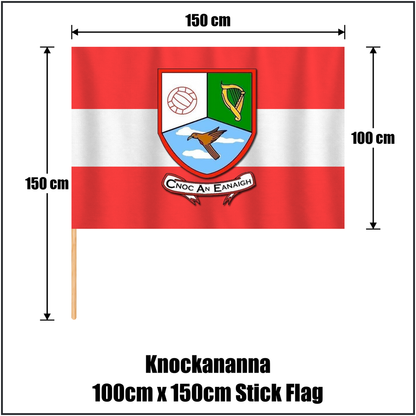 Knockananna 100cm x 150cm Stick Flag, featuring the club crest and red and white colours; County Wicklow GAA. ClubFlags.ie.