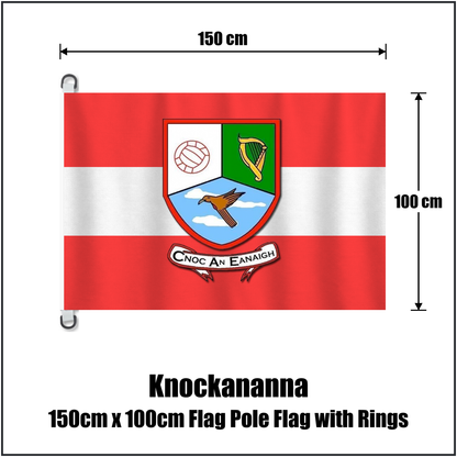 Knockananna 150cm x 100cm Flag Pole Flag with Rings, featuring the club crest and red and white colours; County Wicklow GAA. ClubFlags.ie.
