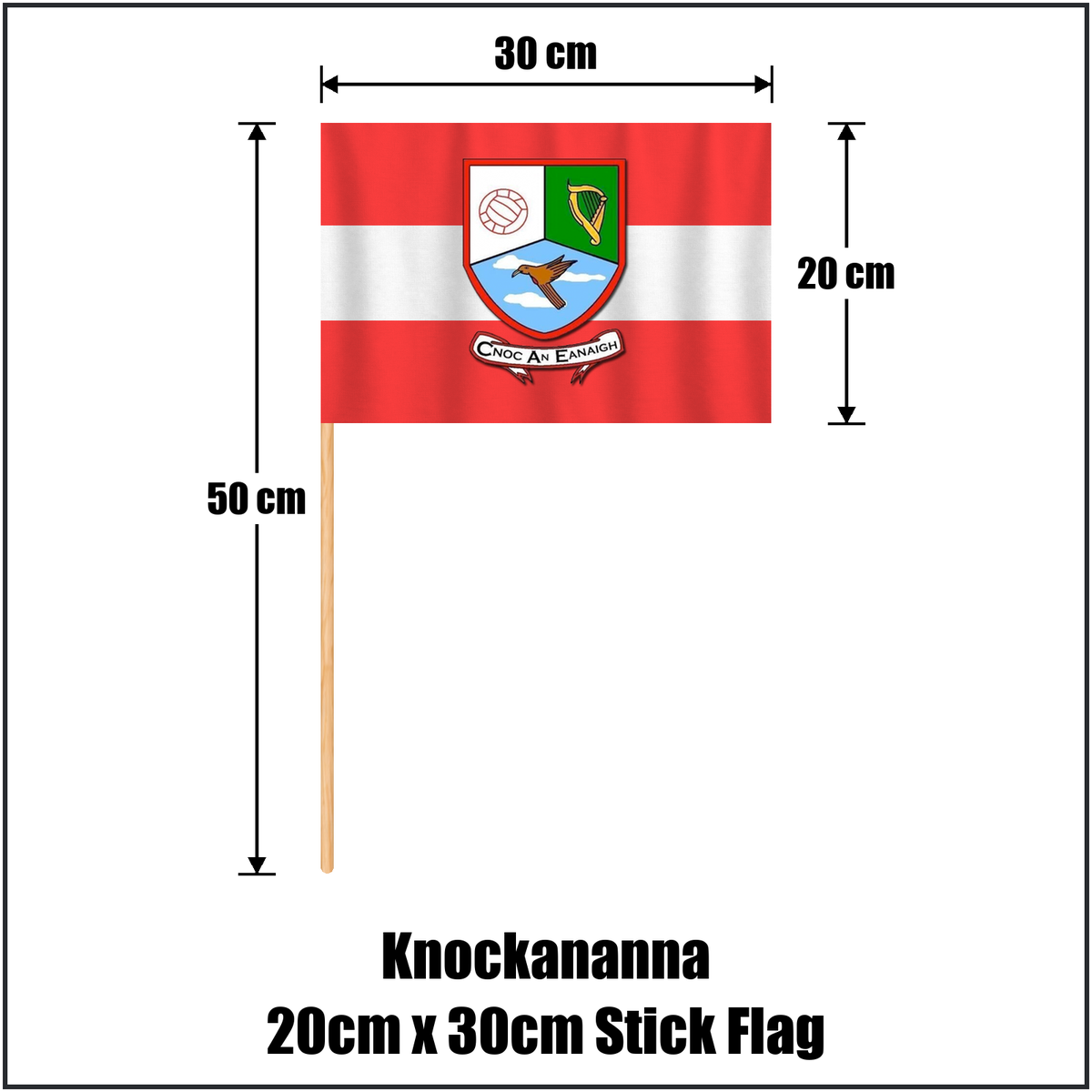 Knockananna 20cm x 30cm Stick Flag, featuring the club crest and red and white colours; County Wicklow GAA. ClubFlags.ie.