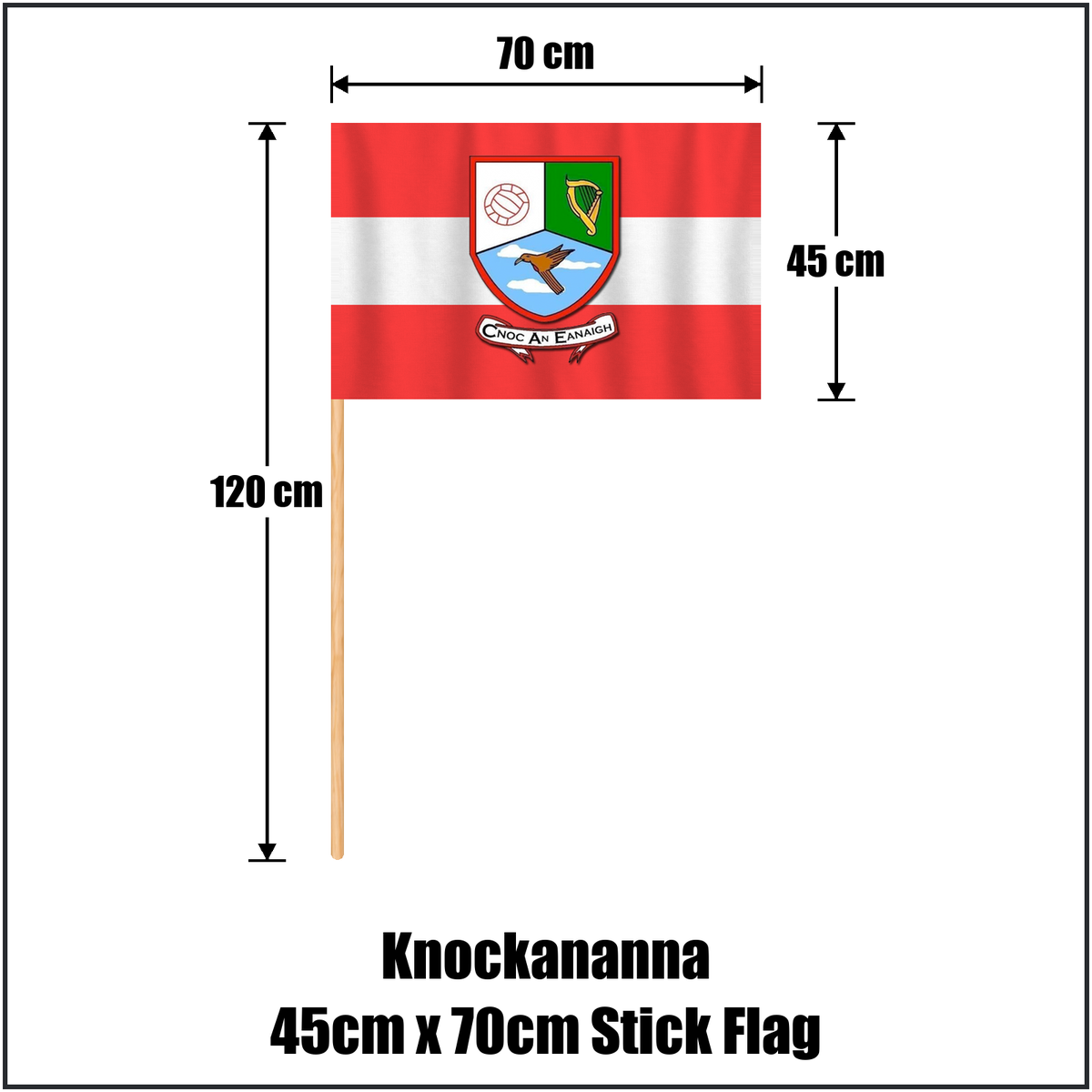 Knockananna 45cm x 70cm Stick Flag, featuring the club crest and red and white colours; County Wicklow GAA. ClubFlags.ie.