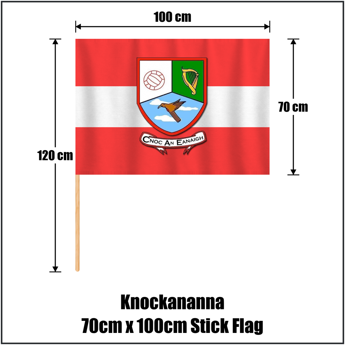 Knockananna 70cm x 100cm Stick Flag, featuring the club crest and red and white colours; County Wicklow GAA. ClubFlags.ie.
