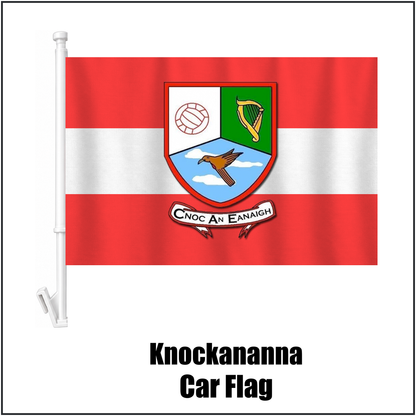 Knockananna Car Flag, featuring the club crest and red and white colours; County Wicklow GAA. ClubFlags.ie.
