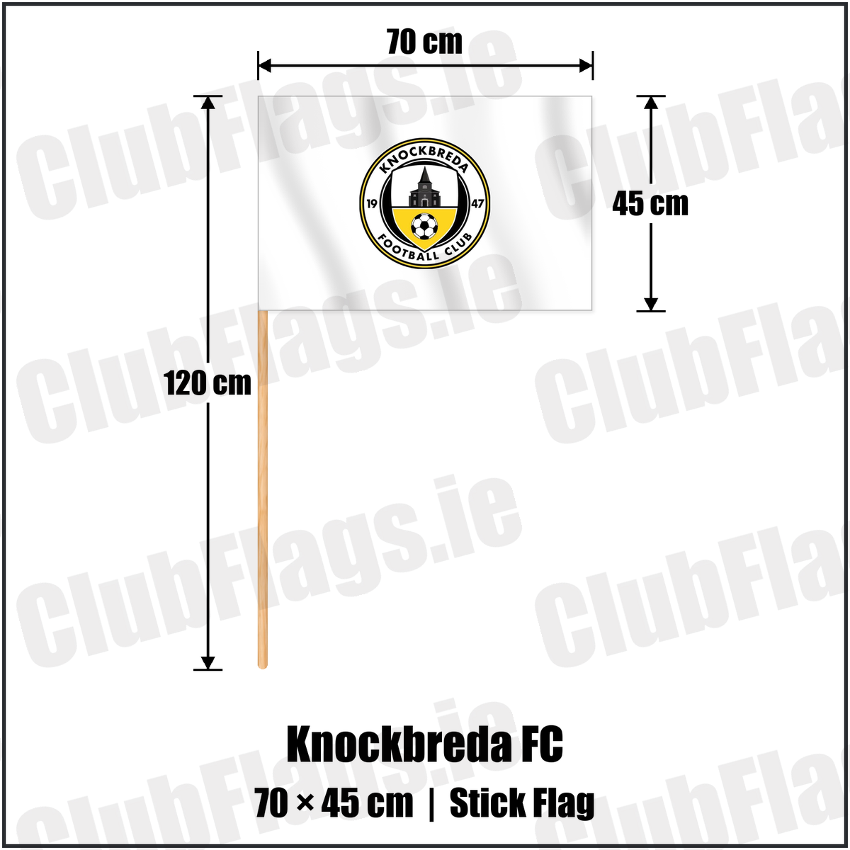 Knockbreda FC 45cm x 70cm Stick Flag with the club crest and colours, Down Football - ClubFlags.ie