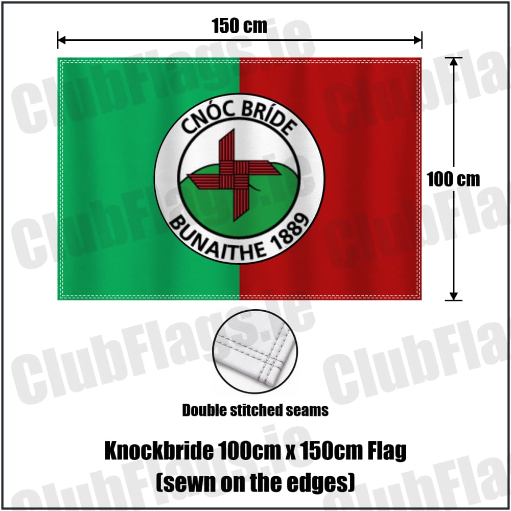 Knockbride 100cm x 150cm Flag (sewn on the edges) in green and red, featuring the club crest on realistic fabric with gentle vertical folds; County Cavan GAA. ClubFlags.ie.