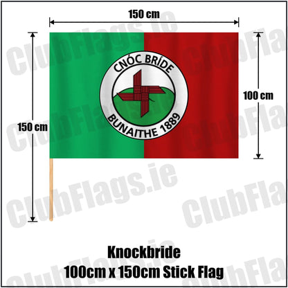 Knockbride 100cm x 150cm Stick Flag in green and red, featuring the club crest on realistic fabric with gentle vertical folds; County Cavan GAA. ClubFlags.ie.