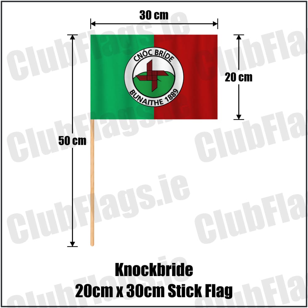 Knockbride 20cm x 30cm Stick Flag in green and red, featuring the club crest on realistic fabric with gentle vertical folds; County Cavan GAA. ClubFlags.ie.