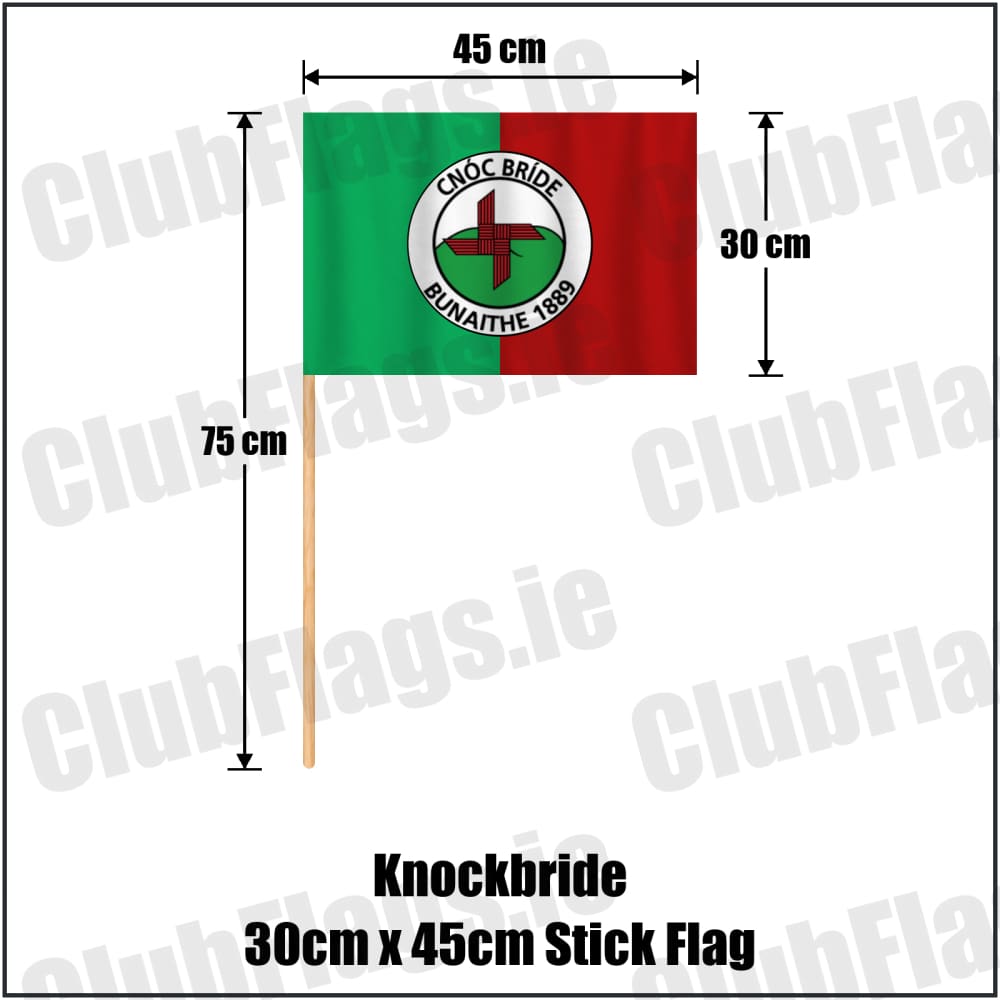 Knockbride 30cm x 45cm Stick Flag in green and red, featuring the club crest on realistic fabric with gentle vertical folds; County Cavan GAA. ClubFlags.ie.