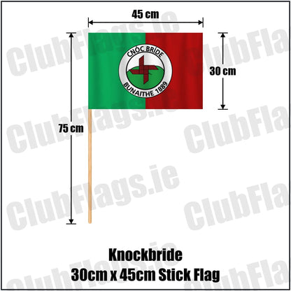Knockbride 30cm x 45cm Stick Flag in green and red, featuring the club crest on realistic fabric with gentle vertical folds; County Cavan GAA. ClubFlags.ie.