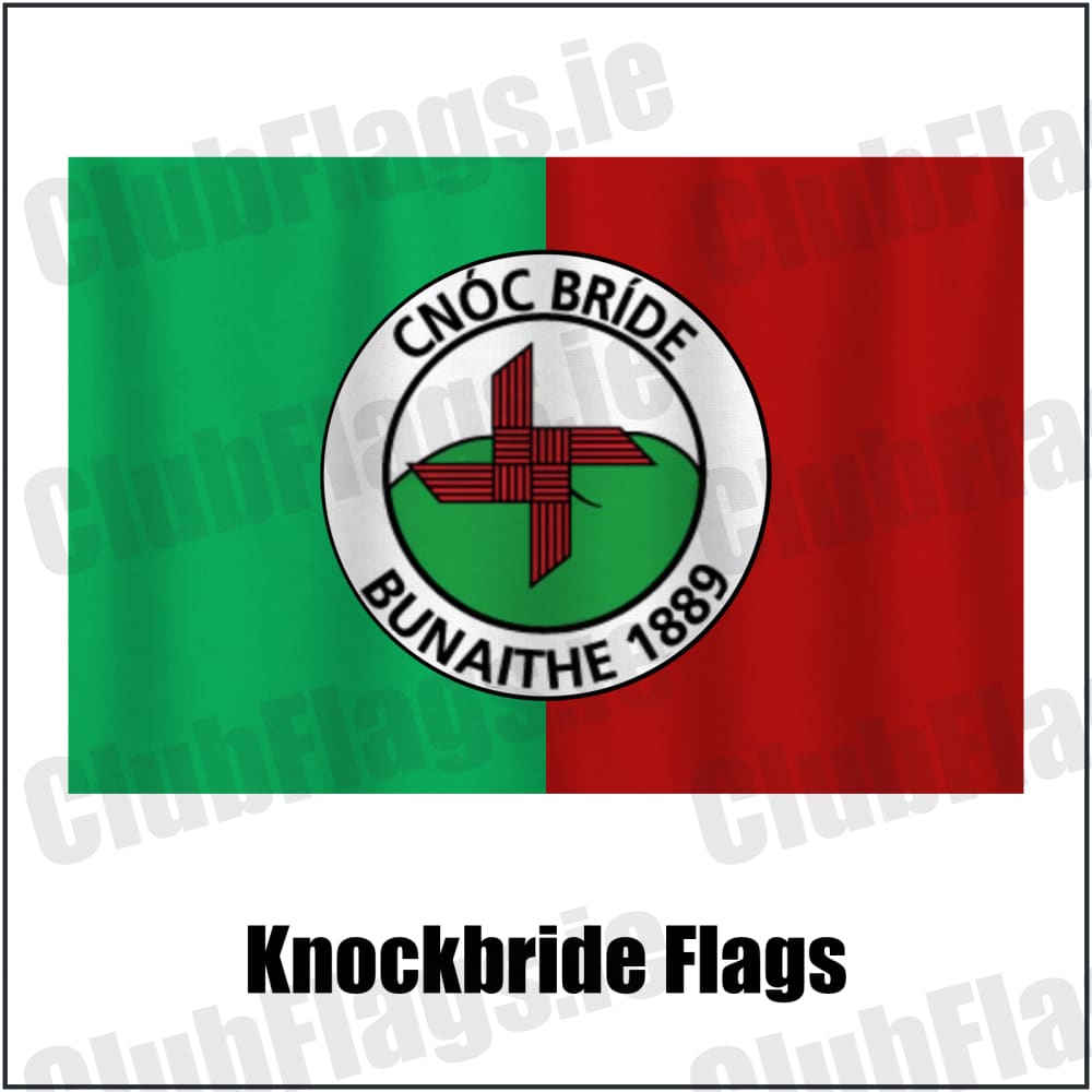 Knockbride Flags in green and red, featuring the club crest on realistic fabric with gentle vertical folds; County Cavan GAA. ClubFlags.ie.
