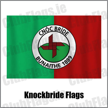 Knockbride Flags in green and red, featuring the club crest on realistic fabric with gentle vertical folds; County Cavan GAA. ClubFlags.ie.
