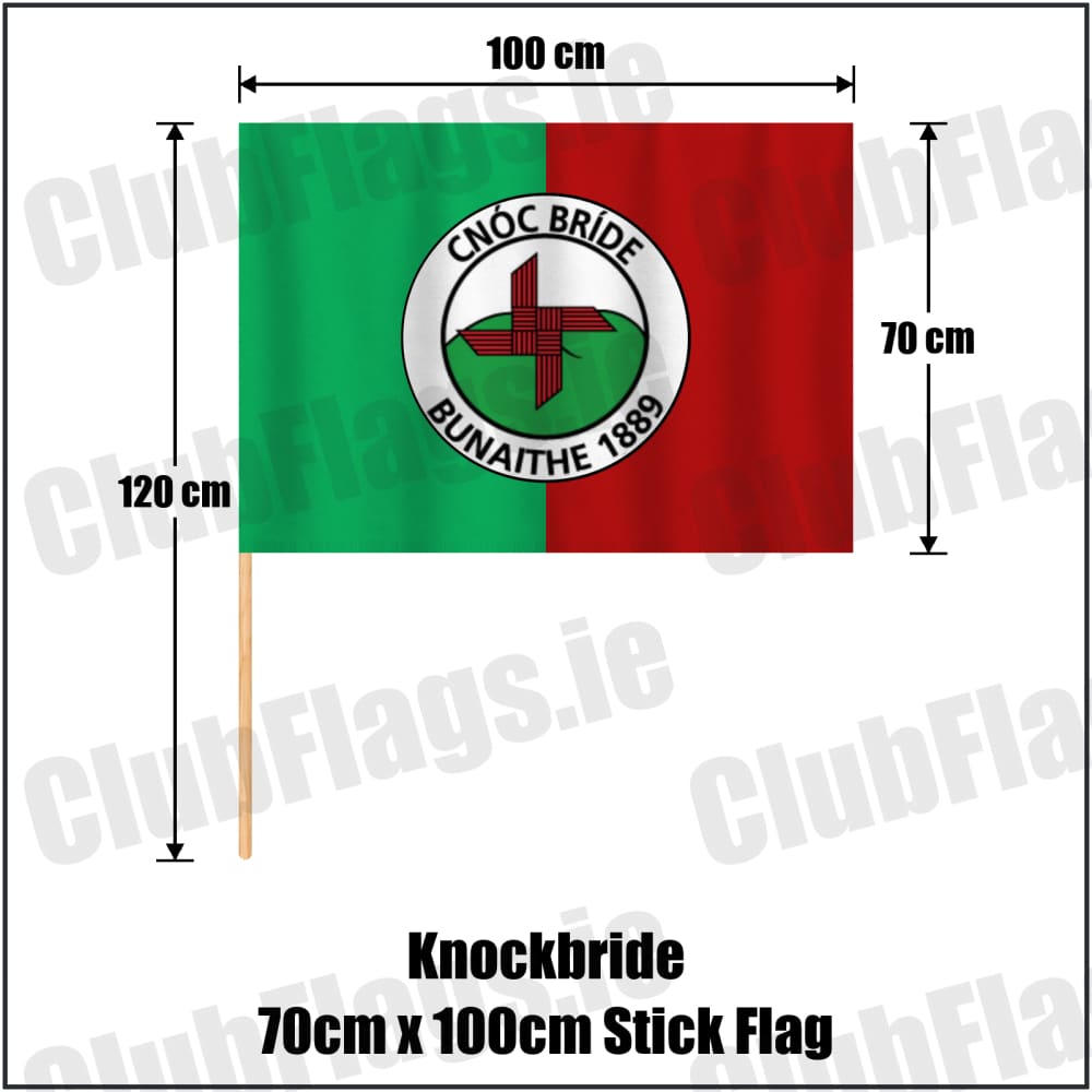 Knockbride 70cm x 100cm Stick Flag in green and red, featuring the club crest on realistic fabric with gentle vertical folds; County Cavan GAA. ClubFlags.ie.