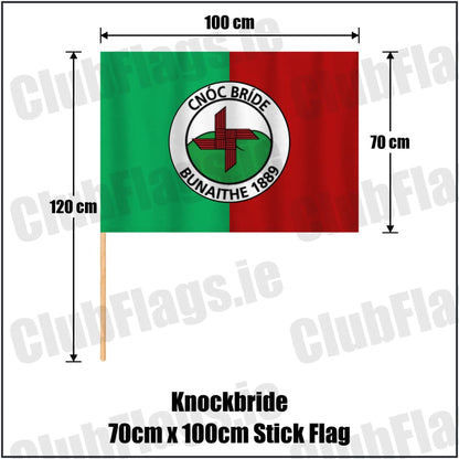 Knockbride 70cm x 100cm Stick Flag in green and red, featuring the club crest on realistic fabric with gentle vertical folds; County Cavan GAA. ClubFlags.ie.