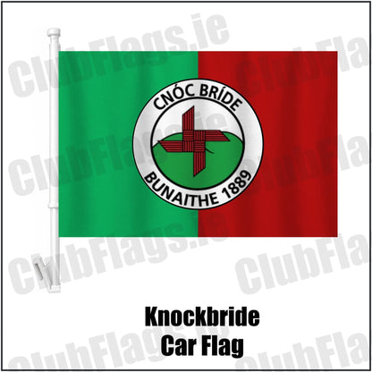 Knockbride Car Flag in green and red, featuring the club crest on realistic fabric with gentle vertical folds; County Cavan GAA. ClubFlags.ie.