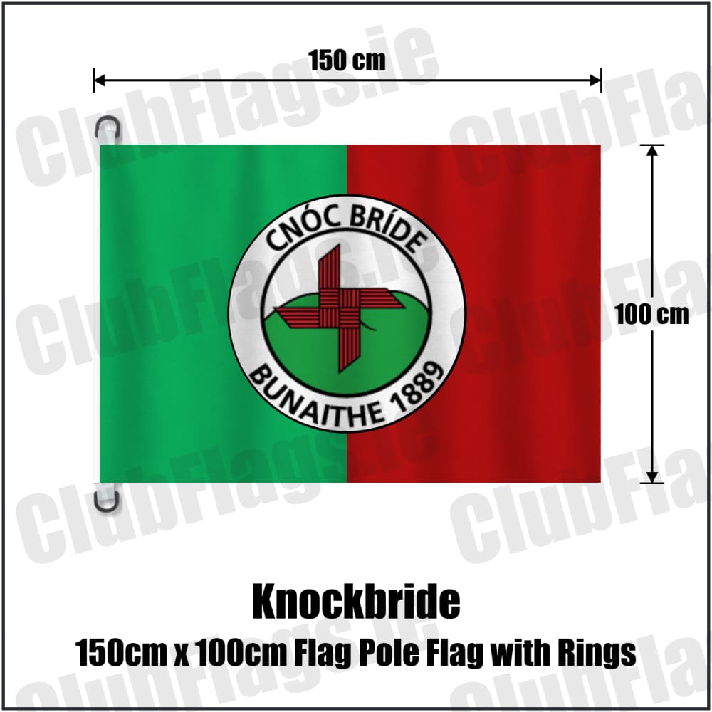 Knockbride 150cm x 100cm Flag Pole Flag with Rings in green and red, featuring the club crest on realistic fabric with gentle vertical folds; County Cavan GAA. ClubFlags.ie.