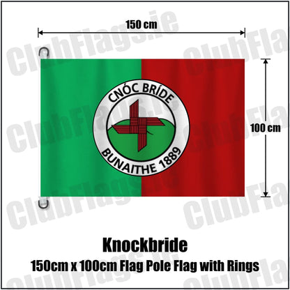 Knockbride 150cm x 100cm Flag Pole Flag with Rings in green and red, featuring the club crest on realistic fabric with gentle vertical folds; County Cavan GAA. ClubFlags.ie.