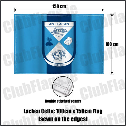 Lacken Celtic 100cm x 150cm Flag (sewn on the edges) in sky blue and navy, featuring the club crest on realistic fabric with gentle vertical folds; County Cavan GAA. ClubFlags.ie.