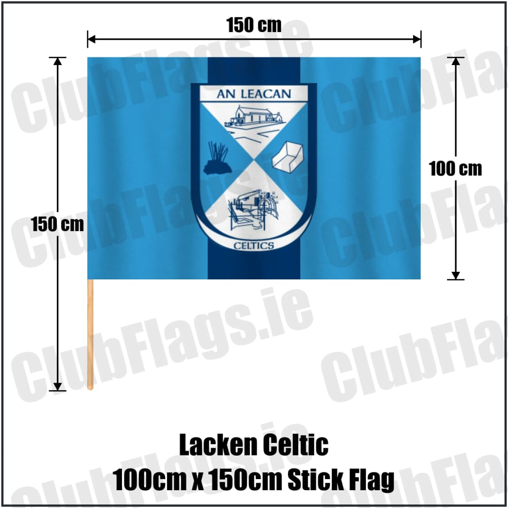 Lacken Celtic 100cm x 150cm Stick Flag in sky blue and navy, featuring the club crest on realistic fabric with gentle vertical folds; County Cavan GAA. ClubFlags.ie.
