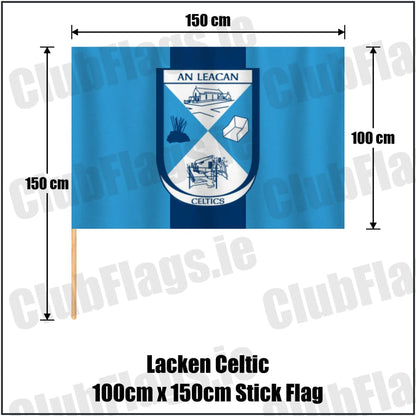 Lacken Celtic 100cm x 150cm Stick Flag in sky blue and navy, featuring the club crest on realistic fabric with gentle vertical folds; County Cavan GAA. ClubFlags.ie.