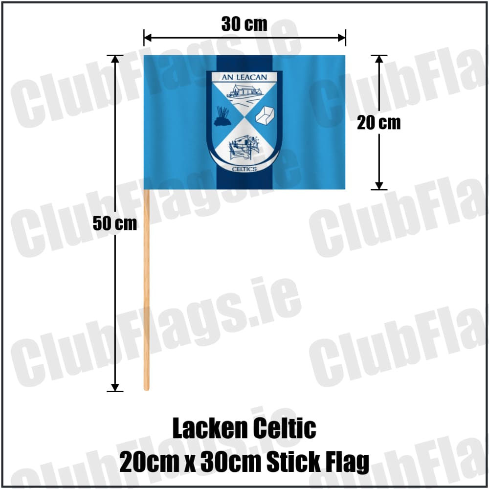 Lacken Celtic 20cm x 30cm Stick Flag in sky blue and navy, featuring the club crest on realistic fabric with gentle vertical folds; County Cavan GAA. ClubFlags.ie.