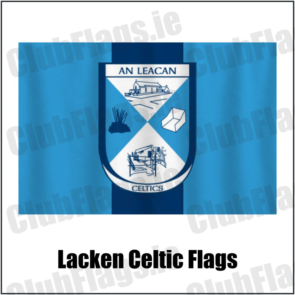 Lacken Celtic Flags in sky blue and navy, featuring the club crest on realistic fabric with gentle vertical folds; County Cavan GAA. ClubFlags.ie.