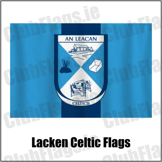 Lacken Celtic Flags in sky blue and navy, featuring the club crest on realistic fabric with gentle vertical folds; County Cavan GAA. ClubFlags.ie.