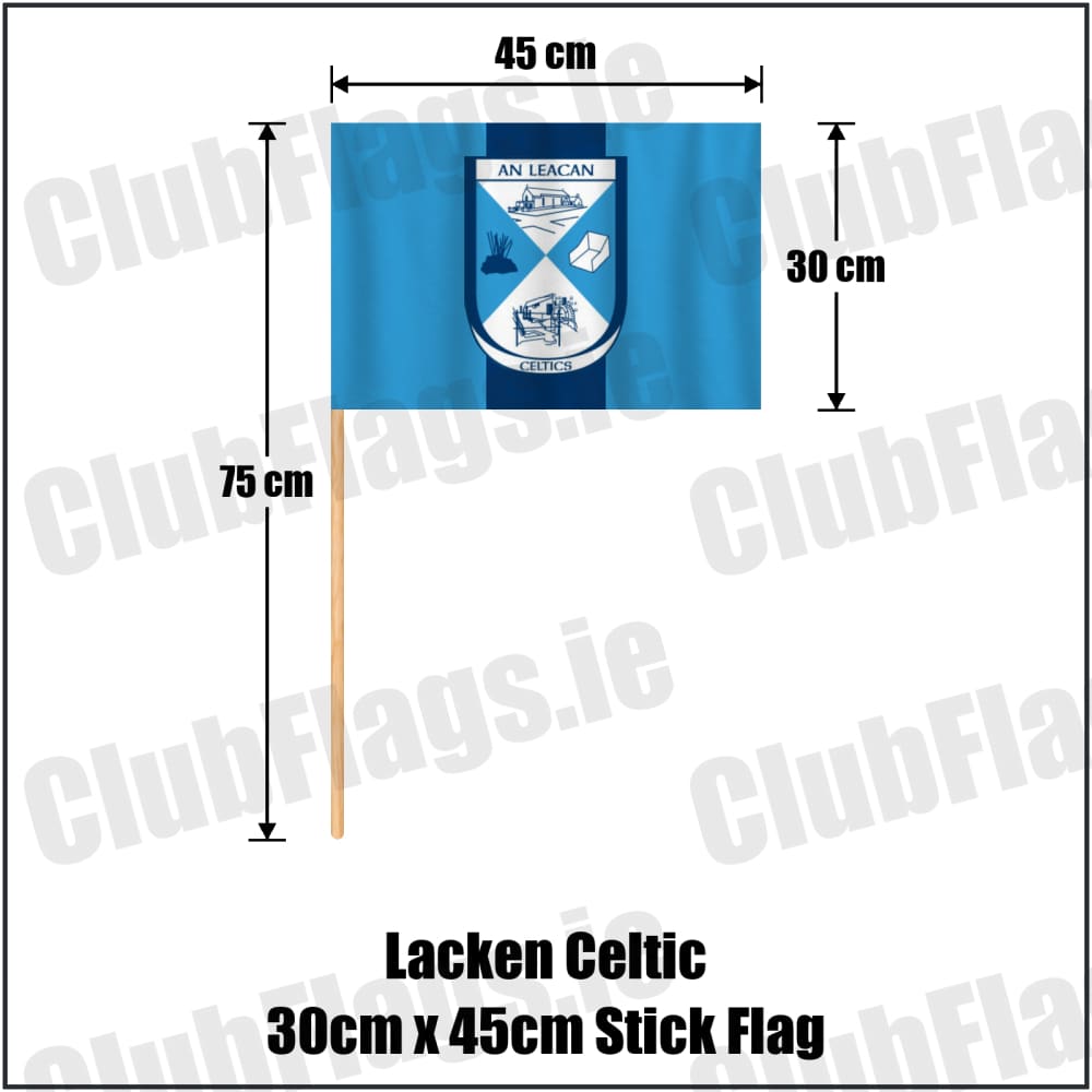Lacken Celtic 30cm x 45cm Stick Flag in sky blue and navy, featuring the club crest on realistic fabric with gentle vertical folds; County Cavan GAA. ClubFlags.ie.