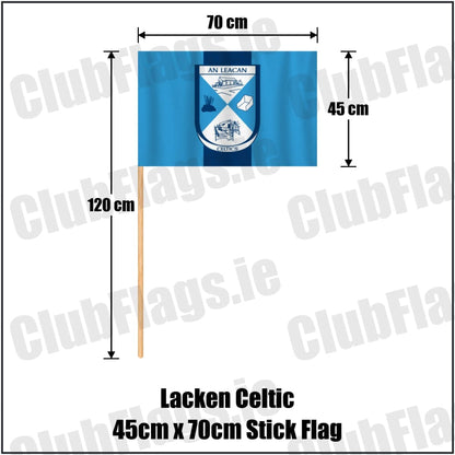 Lacken Celtic 45cm x 70cm Stick Flag in sky blue and navy, featuring the club crest on realistic fabric with gentle vertical folds; County Cavan GAA. ClubFlags.ie.